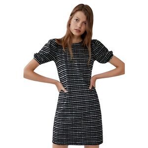 Like New ZARA Black White Tweed Textured Puff Sleeve Mini Dress